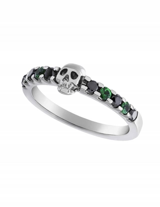 Skull wedding ring made of solid white gold with black and green gemstones by Kipkalinka.