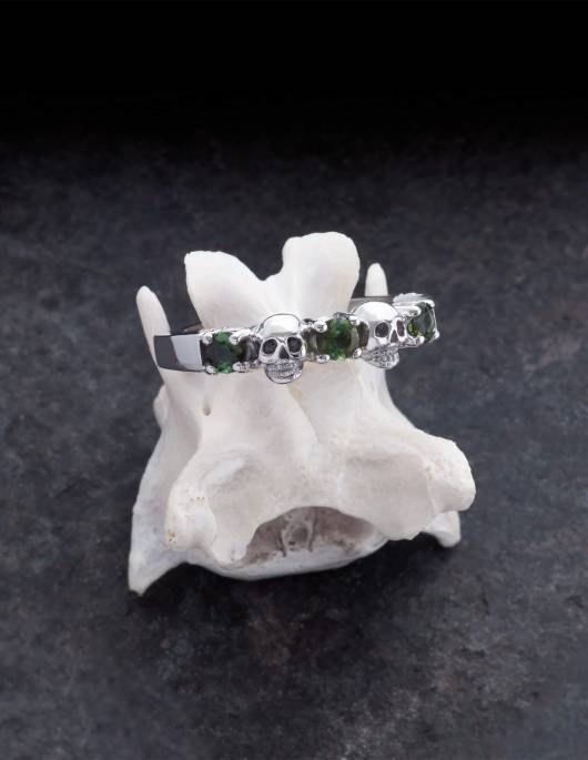 Echidna is a slim wedding ring with skulls and genuine gemstones of your choice in silver. Two skulls and three round gemstones are arranged alternately on a smooth band. The ring rests on a bone.