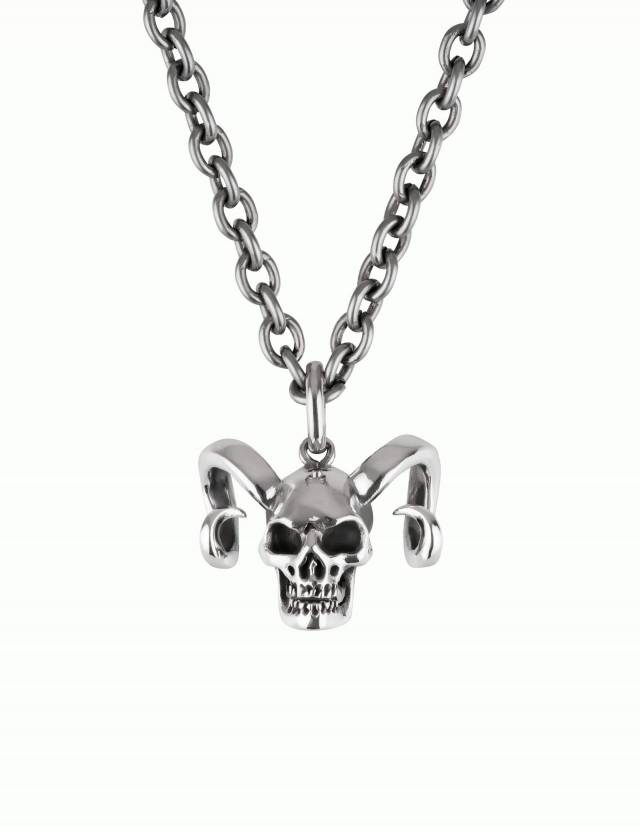 A horned skull pendant in silver model KRAMPUS on a stainless steel necklace.