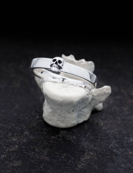 A slim and simple band with a tiny skull, shown on a bone