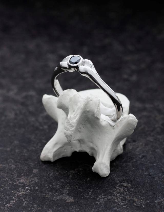 A small platinum ring for women in the shape of a bone with black diamond