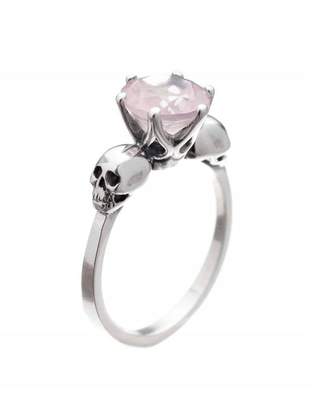 Dainty silver skull engagement ring Wanda with rose quartz gemstone.