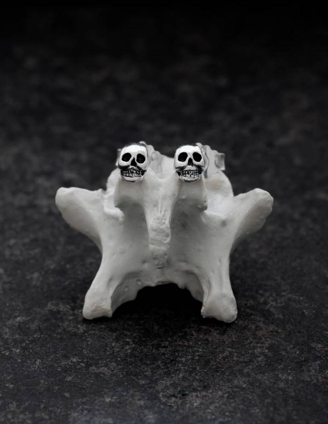 Small skull stud earrings on a bone.