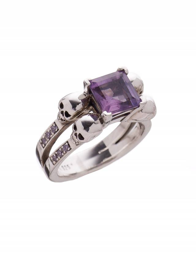 4 skull engagement ring with square purple amethyst gemstone.